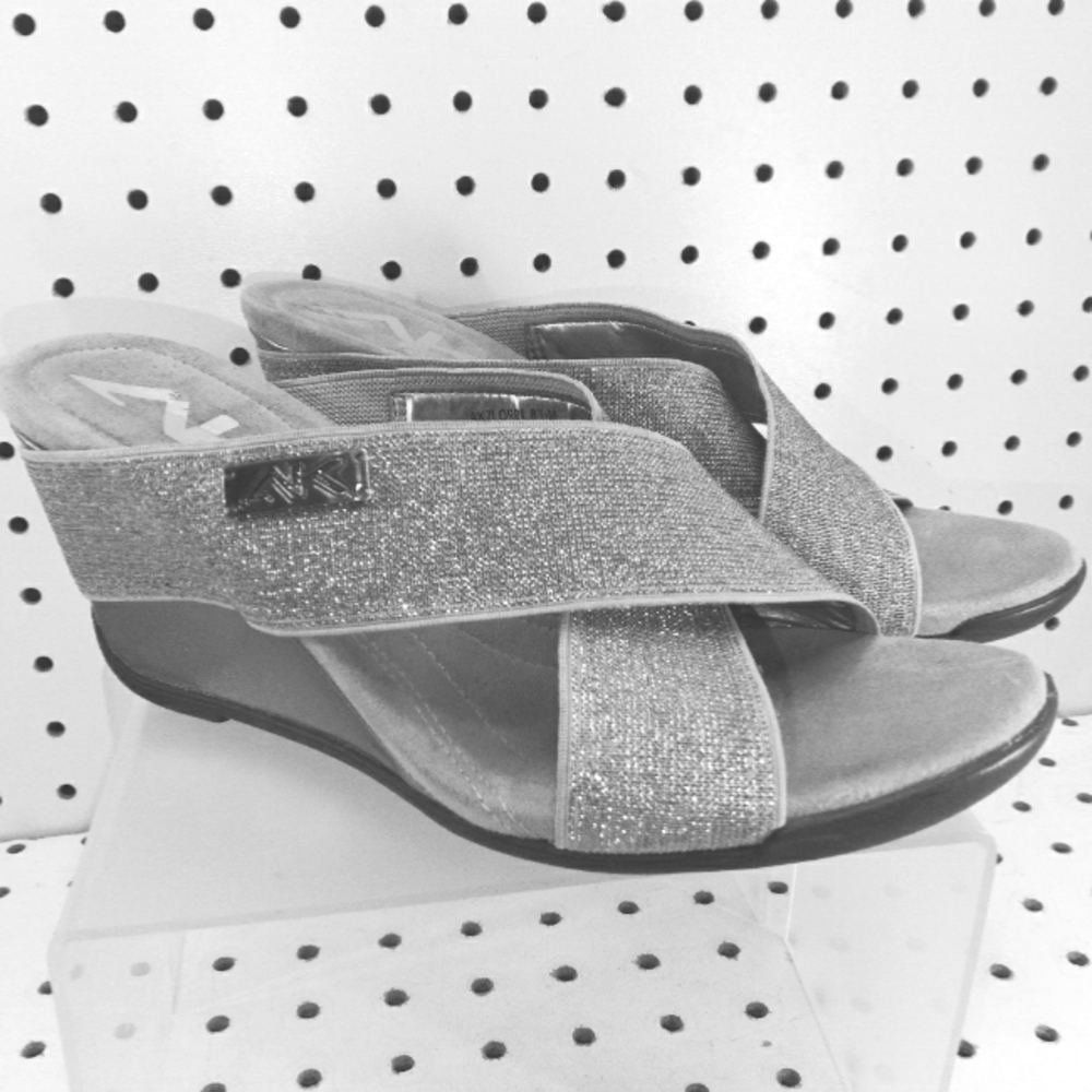 Anne Klein Sport | Silver Gray Sandals | Stretch 3" Mid Wedge Heel Criss-cross